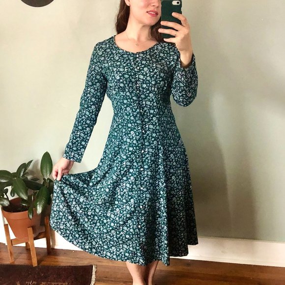 Vintage Dresses & Skirts - Vintage Green Floral Midi Pearl Button Dress Small